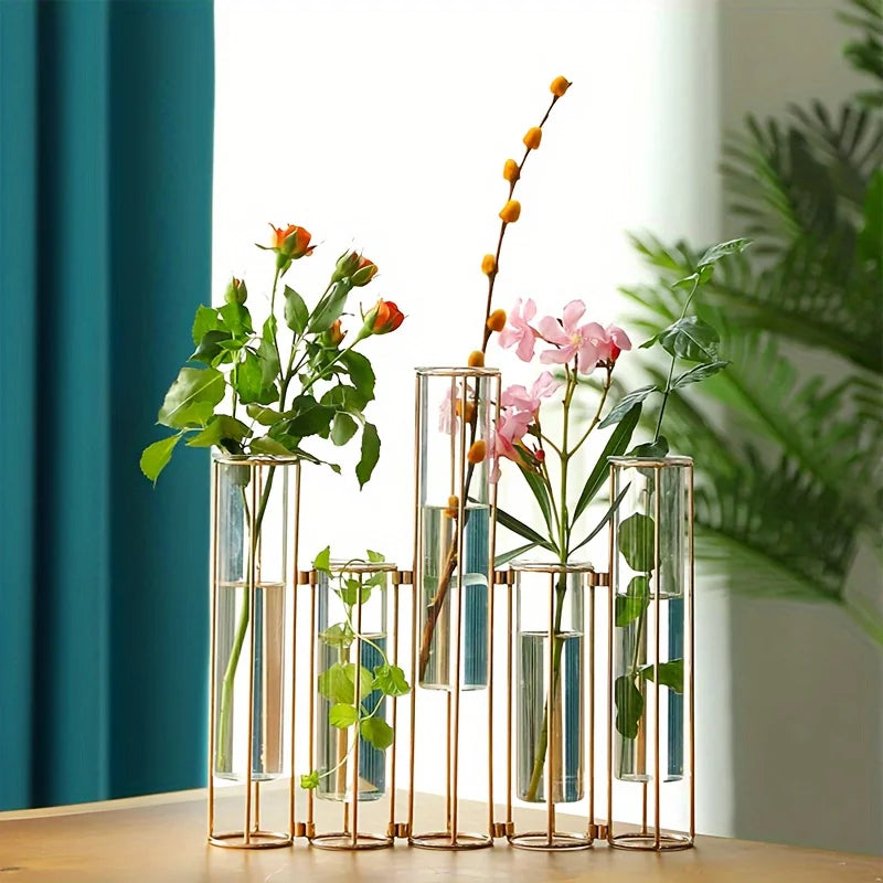 Test Tube Vase with Five Test Tubes Gold Centerpiece Vase with Metal Stand Glass Vase for Wedding Home Decoration