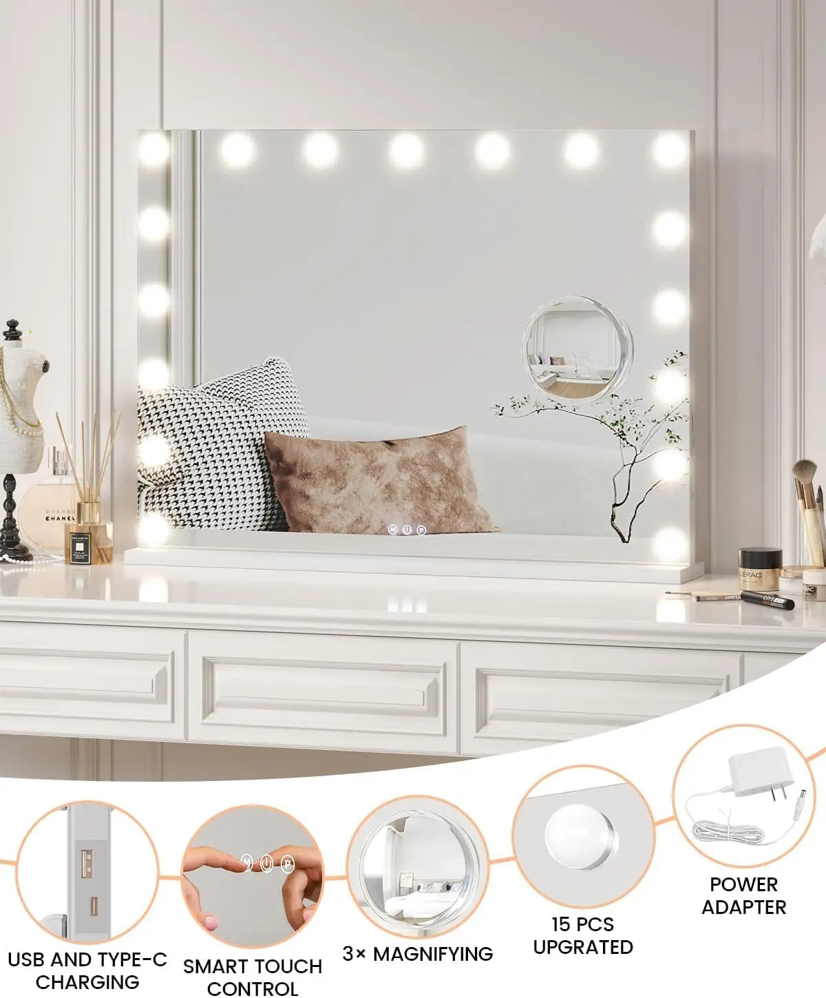 Vanity Mirror with Lights 17 Dimmable LED Bulbs Lighted 3 Color Modes Touch Control Makeup Mirror 3X Magnification for Bedroom