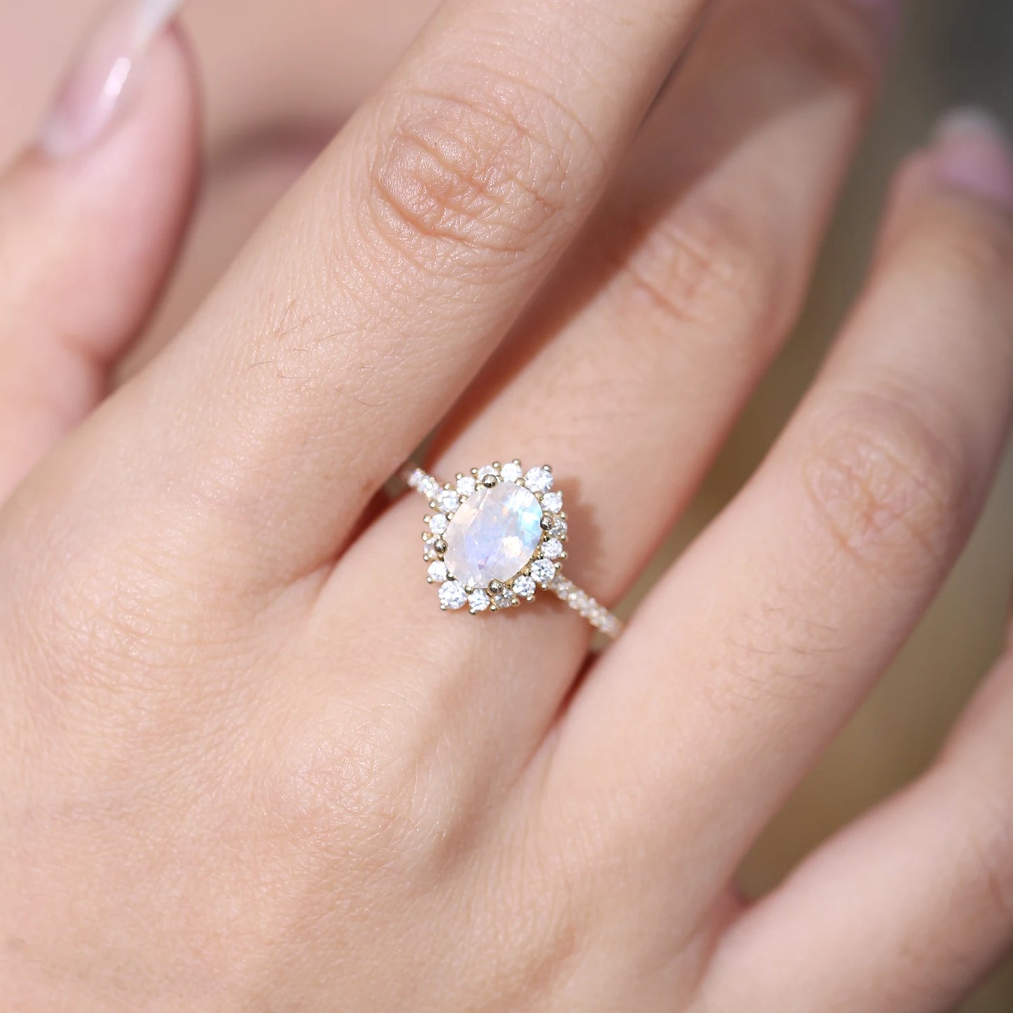 GEM'S BALLET Moonstone Sterling Silver Halo Engagement Ring