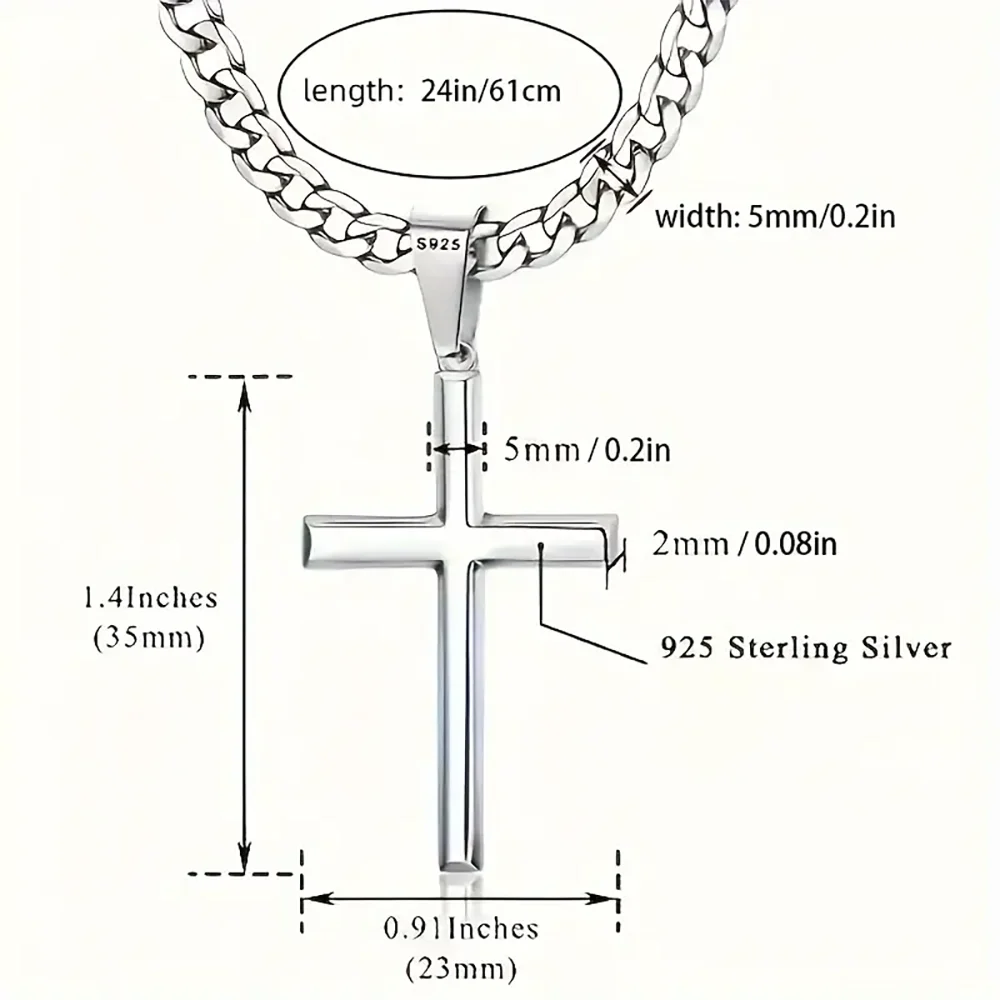 925 Sterling Silver Cross Necklace for Men Women Durable Cuban Crucifix Pendant Necklace Religious Jewelry Gift Ships from USA