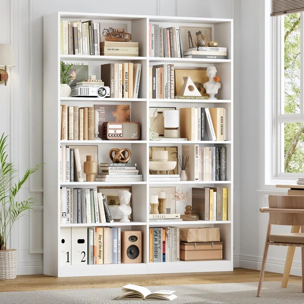 Six Tier Freestanding Wide Double Bookshelf Storage Shelves