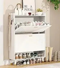 Shoe Cabinet for 24 Pairs, Fits Size 13, Slim Freestanding Shoe Rack Organizer with 2 Flip Drawers & Coat Hooks