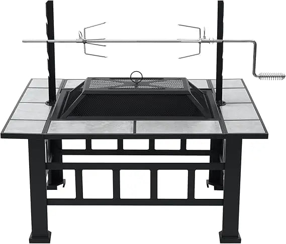 Fire Pit Table for Outside 37 Inch Square Firepits with Grill Large Wood Burning Heavy Duty Steel BBQ Bonfire Pit Outdoor Cookin