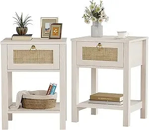 Ticify Boho Rattan Nightstand Set Of 2 With Drawers