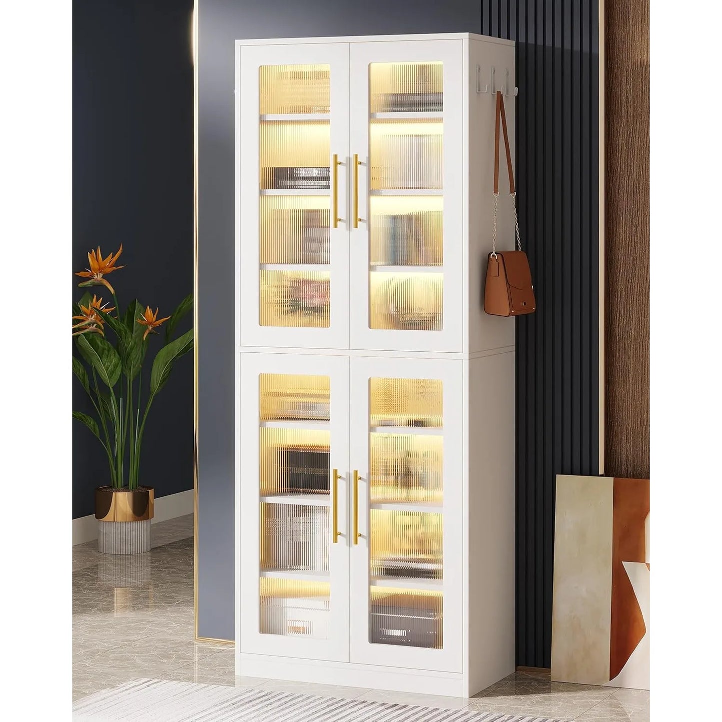 Bookcase With Doors And LED Light 67 Inch Tall Bookshelf With 8 Tier Shelves For Living Room Bathroom Office Kitchen