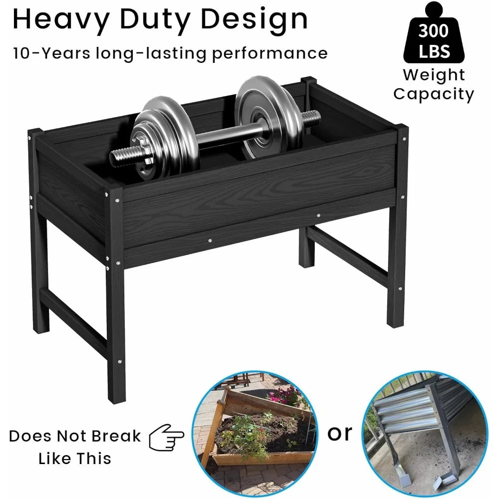 HDPE Raised Garden Bed with Legs, Outdoor All-Weather Elevated Planter Box Stand for Seeds, Herbs, Flowers, Vegetables (Black)