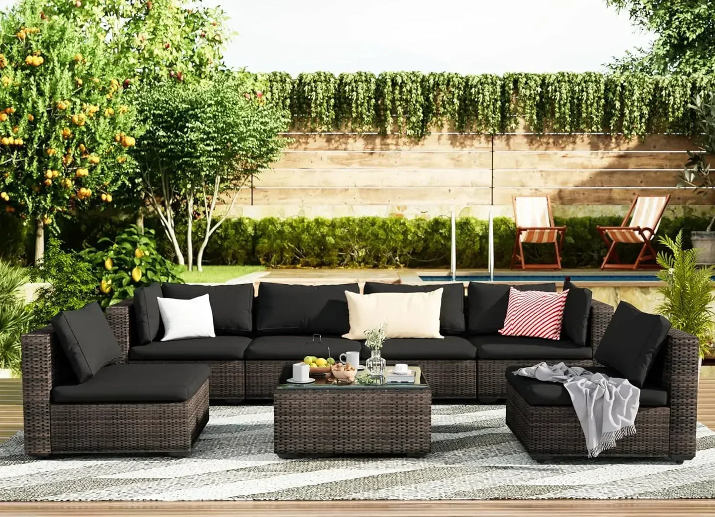Patio Furniture 7 Pieces Set, Sectional PE Rattan Conversation Sets with Cushions& Glass Coffee Table, Patio Furniture Set