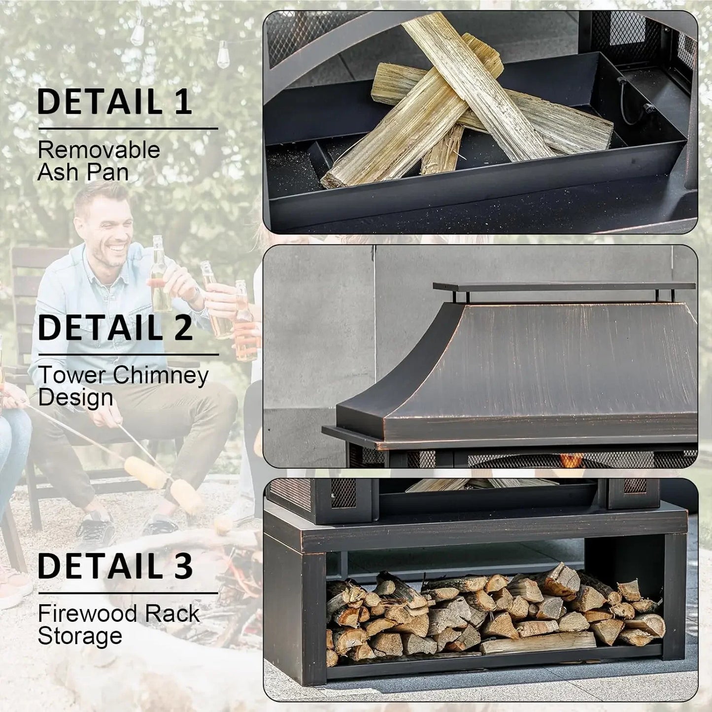 XMSJ Wood Burning Outdoor Fireplace With Chimney SparkGuard