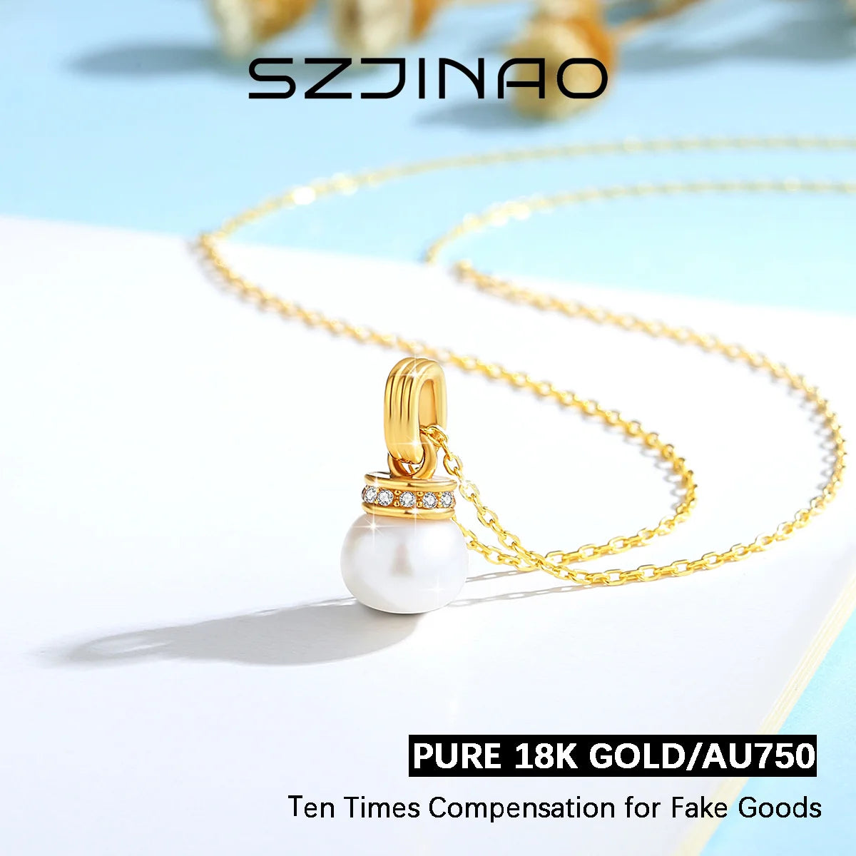 Real 18K Gold Natural Pearl Pendant Necklace with Certificate for Women Anniversary Gift