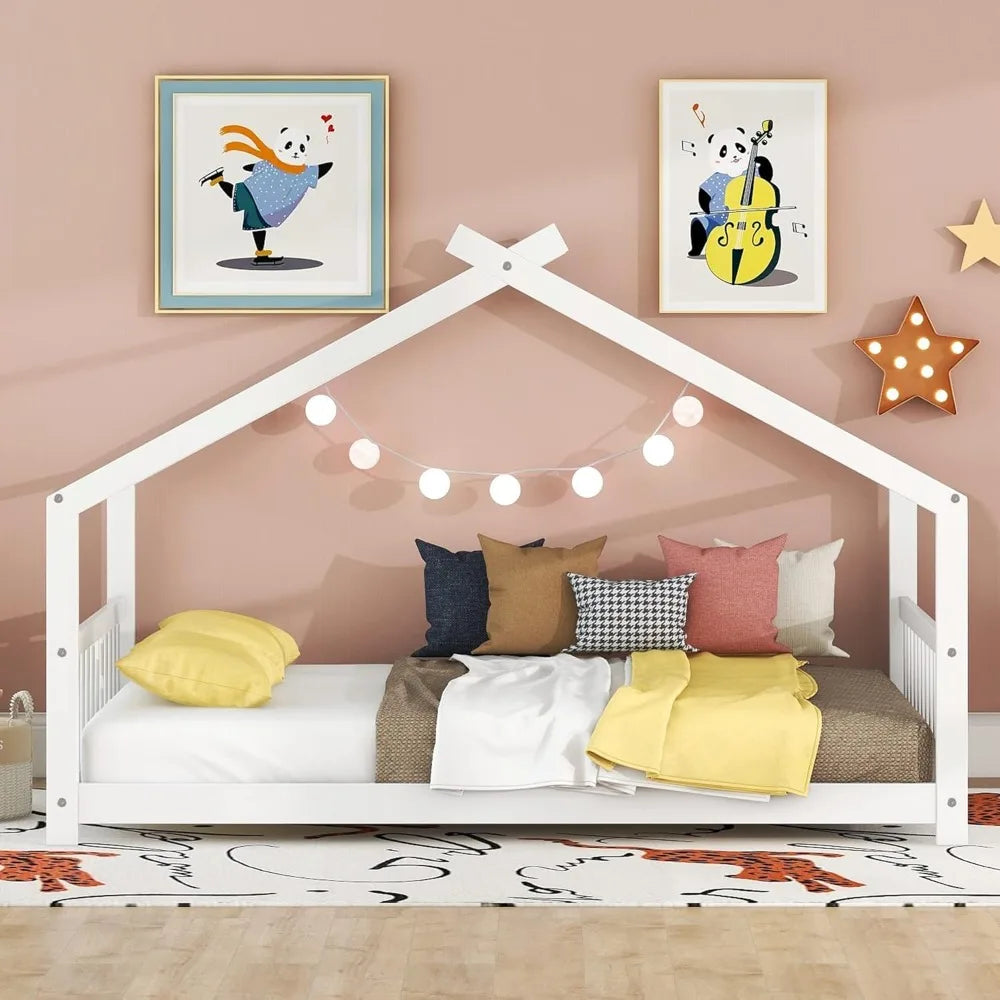 Modern Full House Beds, Montessori Bed Wood Frame, Kids Platform Bed with Headboard & Footboard for Children Boys Girls Teens