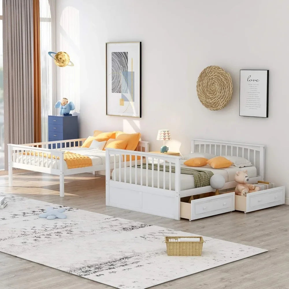 Full Over Full Wood Bunk Bed with Two Storage Drawers and Ladder, Storage Bunk Bed Can Be Divided Into Two Full Size Daybeds