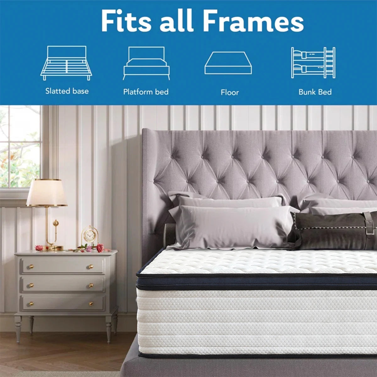 Queen Size Gel Memory Foam Hybrid Mattress with Pressure Relief and Medium Firm Comfort