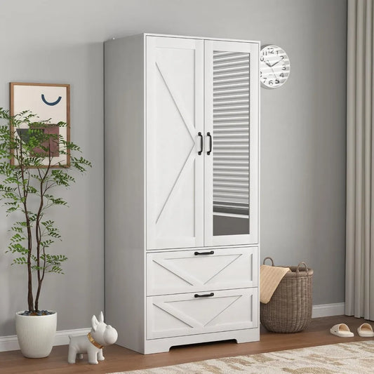 Armoire Wardrobe Cabinet With Mirror And 2 Drawers