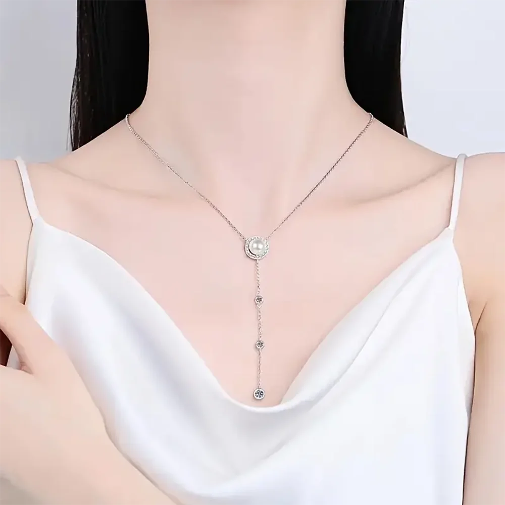 Moissanite Pendant Necklace for Women 925 Sterling Silver 8mm Luxury Pearl Long Tassel Chain Y Shaped Necklace USA Stock