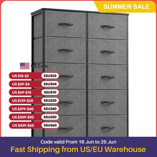 JHK Bedside Table For Bedroom With 10 Fabric Drawers Nightstand Storage Cabinet With Steel Frame Clothes Storage Display Cabinet