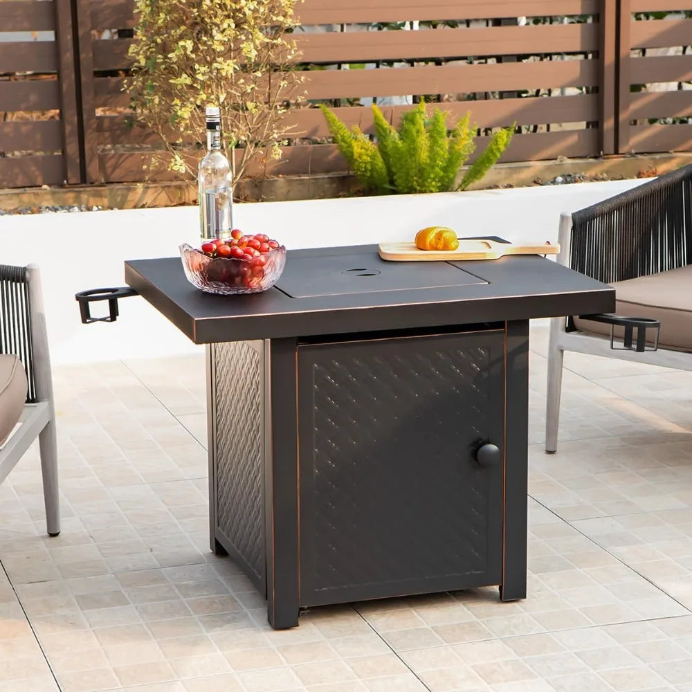 32'' Propane Fire Pit,50000 BTU Gas Firepit Table with 2 Drink Holders, Lid & Lava Rock,CSA Certified Outdoor Fire Pit Table for