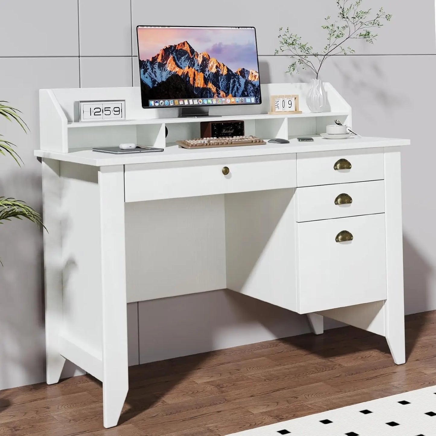 HUANZHUANG L Shaped Computer Desk With Monitor Stand Drawers
