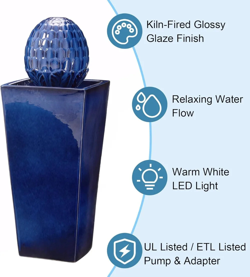 Ceramic Outdoor Water Fountain with LED Light,Patio Fountain Waterfall for Garden Patio Deck Porch, Cobalt Blue, 35.75" H