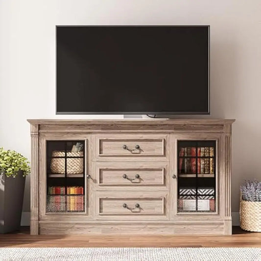General Use Farmhouse TV Stand With Outlets And Glass Doors