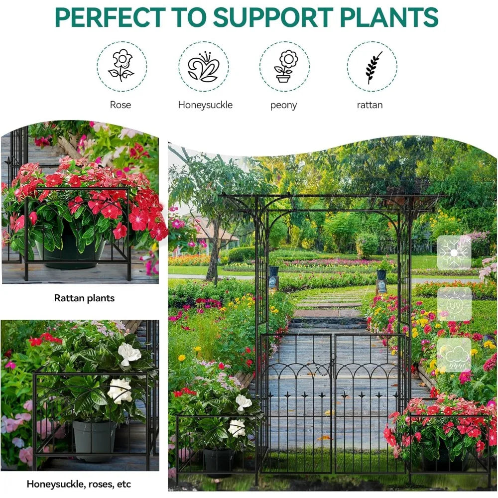 Garden Arbor with Gate and Planter Box, Metal Garden Arch for Climbing Plants Outdoor, Wedding Arches for Ceremony, Garden Arbo