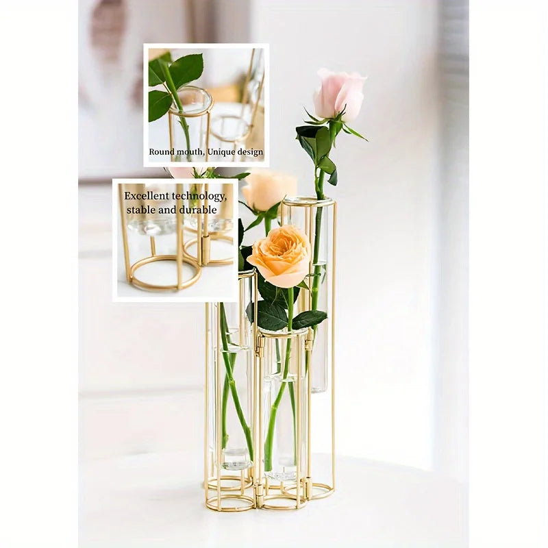 Test Tube Vase with Five Test Tubes Gold Centerpiece Vase with Metal Stand Glass Vase for Wedding Home Decoration