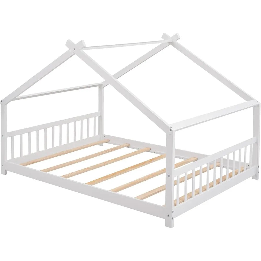 Modern Full House Beds, Montessori Bed Wood Frame, Kids Platform Bed with Headboard & Footboard for Children Boys Girls Teens
