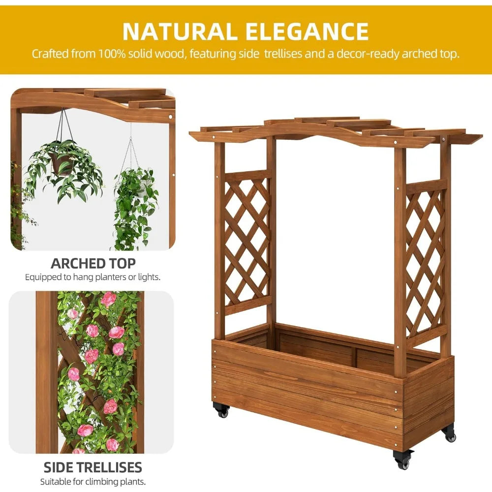 DWVO Raised Garden Bed with Trellis Movable, Weather Resistant Solid Wood Planter Box with Wheels for Climbing Plants, Elevated