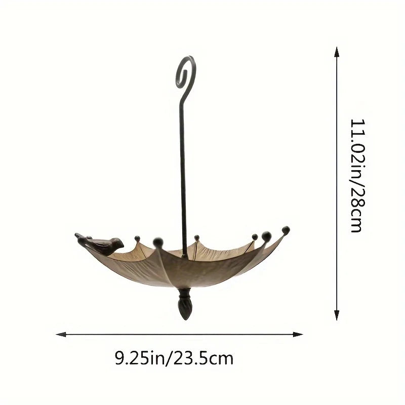 An antique umbrella shaped metal bird food tray, outdoor hanging bird bathtub and food bowl, decorative garden yard accessories