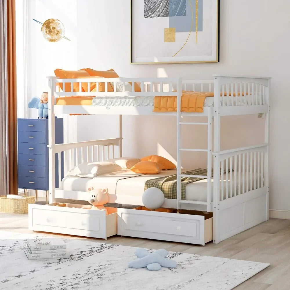 Full Over Full Wood Bunk Bed with Two Storage Drawers and Ladder, Storage Bunk Bed Can Be Divided Into Two Full Size Daybeds
