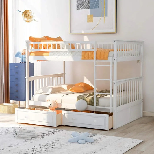 Full Over Full Wood Bunk Bed with Two Storage Drawers and Ladder, Storage Bunk Bed Can Be Divided Into Two Full Size Daybeds