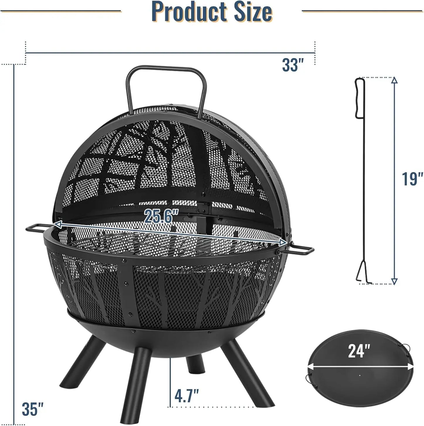 35 Inch Wood Burning Fire Pit with BBQ Grill, Heavy Duty Fire Pits Ball for Outside with Spark Screen & Removable Ash Pan