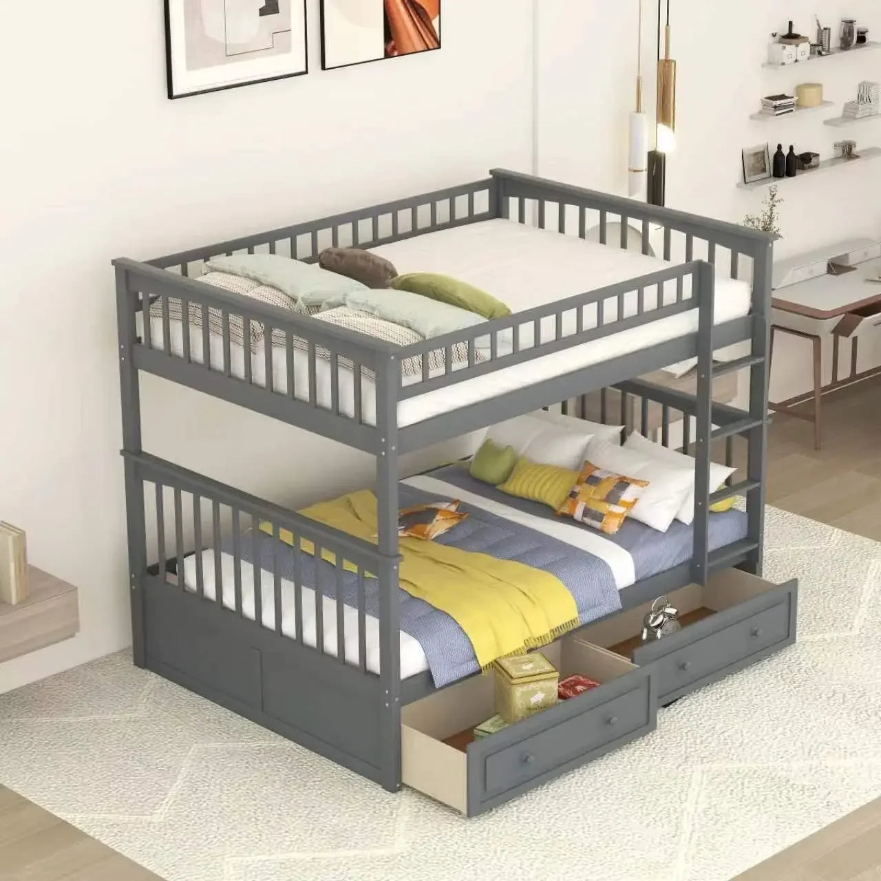 Full Over Full Wood Bunk Bed with Two Storage Drawers and Ladder, Storage Bunk Bed Can Be Divided Into Two Full Size Daybeds