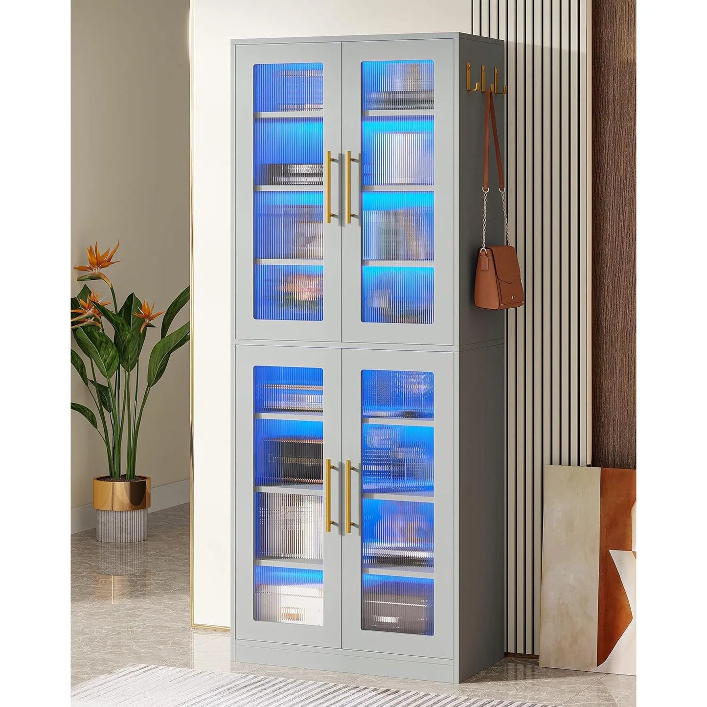 Bookcase With Doors And LED Light 67 Inch Tall Bookshelf With 8 Tier Shelves For Living Room Bathroom Office Kitchen
