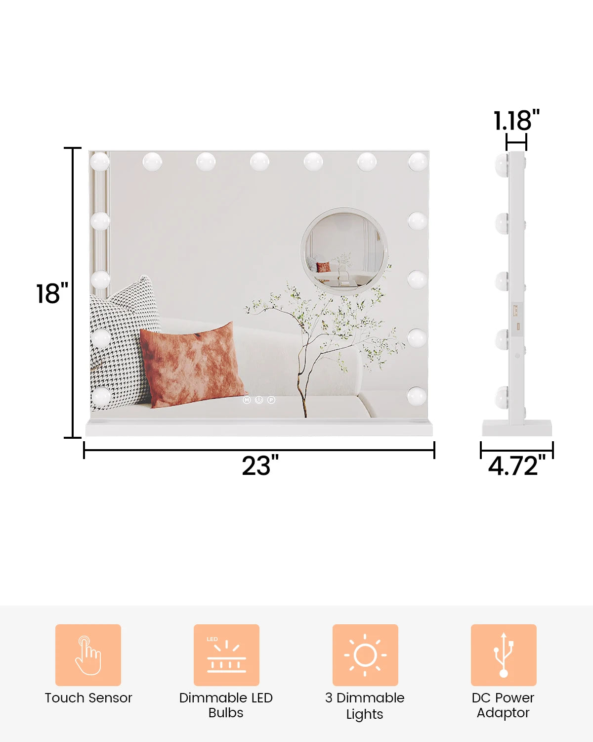 Vanity Mirror with Lights 17 Dimmable LED Bulbs Lighted 3 Color Modes Touch Control Makeup Mirror 3X Magnification for Bedroom