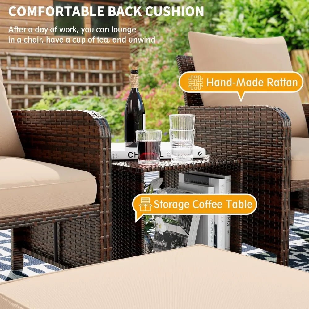 Outdoor Wicker Balcony Furniture With Ottoman Side Table