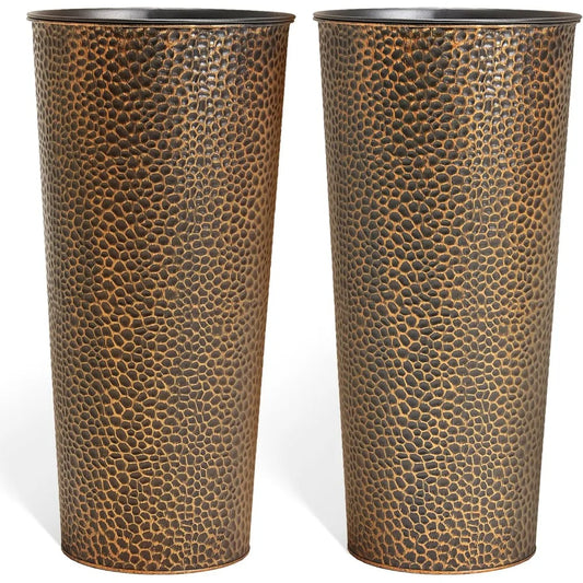 KOL 28 Inch Tall Metal Cone Planters with Inner Pots 2 Pack Bronze Hand Hammered Large Decor Planter for Deck Patio Porch