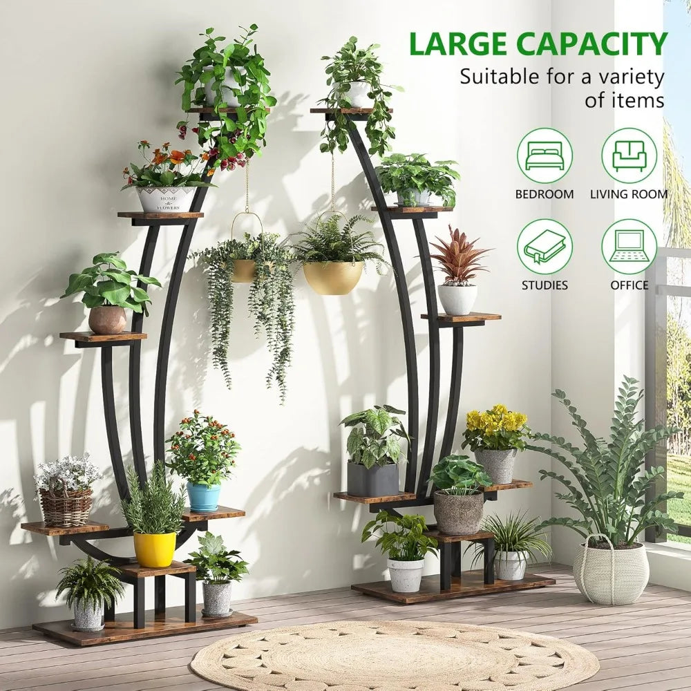 6 Tier Tall Indoor Plant Stand Pack of 2 Metal Curved Display Shelf with 2 Hanging Hooks Multi Purpose Bonsai Flower Pot Holder