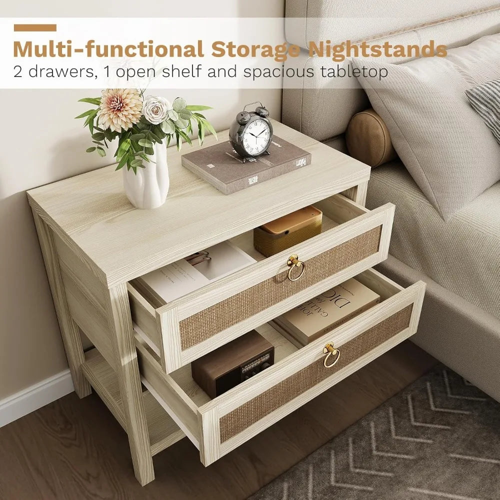 Ticify Boho Rattan Nightstand Set Of 2 With Drawers