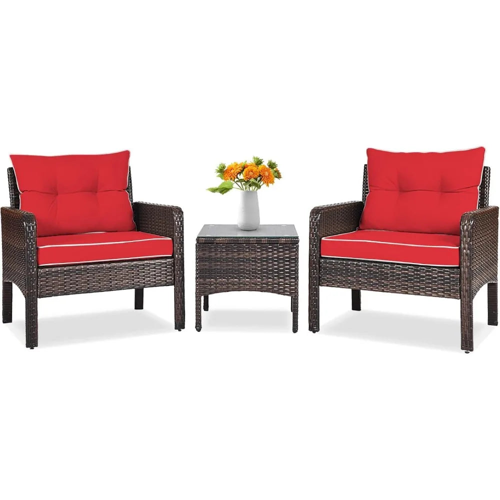 Tangkula Outdoor Patio 3 Piece Wicker Set With Glass Table
