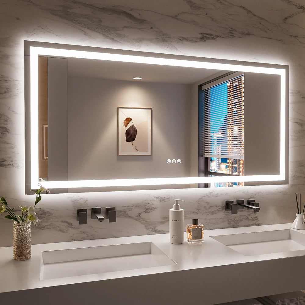 SH.KL Smart LED Bathroom Mirror, Anti-Fog and Dimmable, 3-Color Lighting with Memory, 5mm Shatterproof Glass, Wall-Mounted