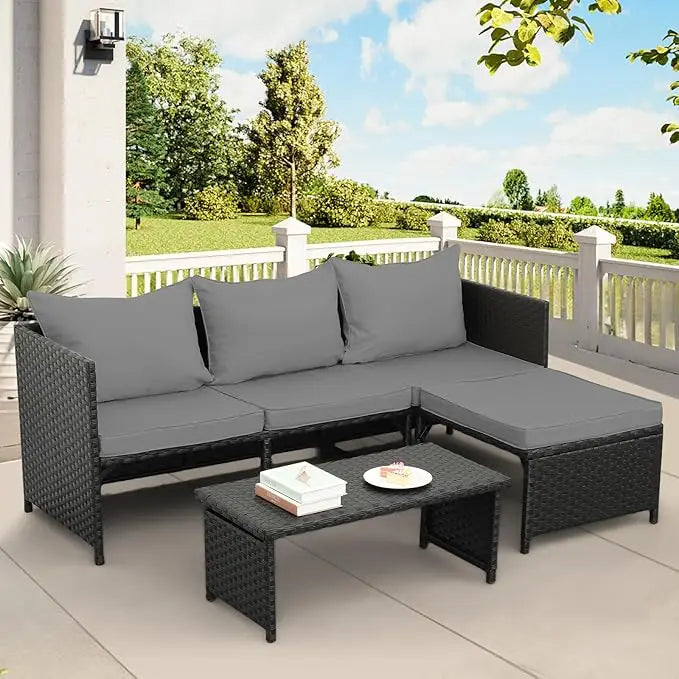 3-Piece Outdoor PE Rattan Furniture Set Patio Black Wicker Conversation Loveseat Sofa Sectional Couch Khaki Cushion