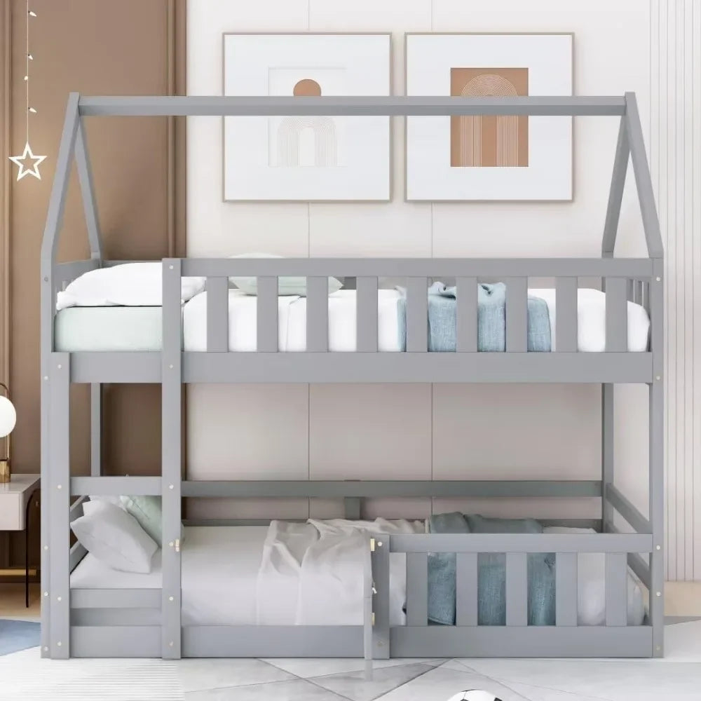 Modern Floor Low Bunk Bed with Fence and Door, Solid Wood Bunks Beds with Guardrails and Ladder, Twin Over Twin House Bunk Bed