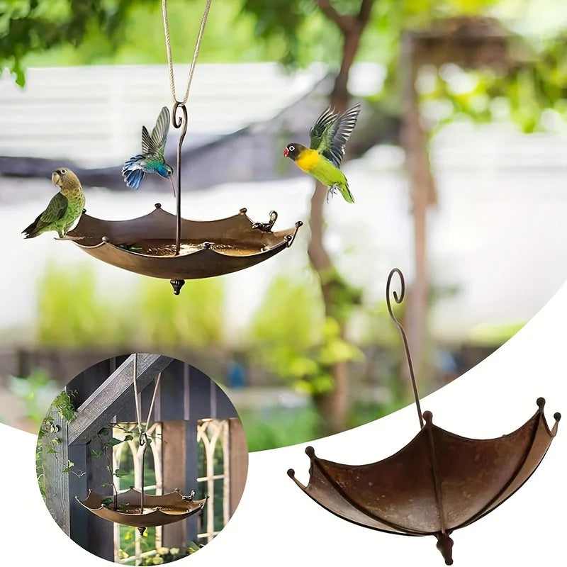 An antique umbrella shaped metal bird food tray, outdoor hanging bird bathtub and food bowl, decorative garden yard accessories