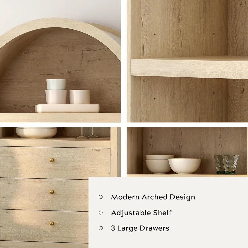 MKDK Tall Arched Bookshelf With Drawers Farmhouse Cabinet