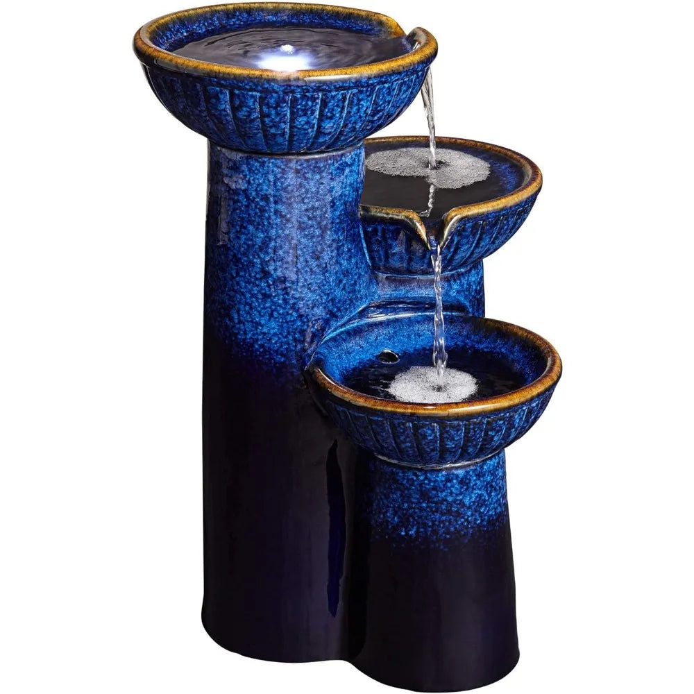 John Timberland Three Bowl Outdoor Floor Water Fountain LED