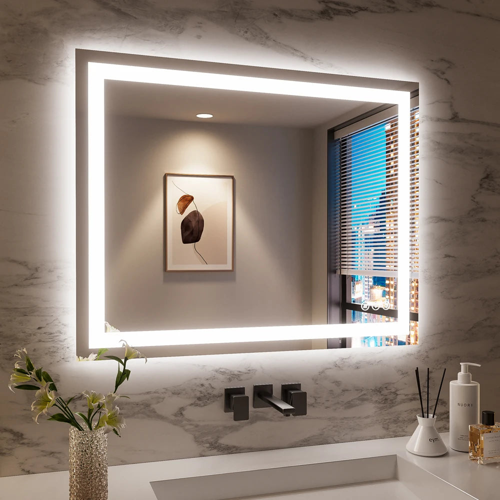 SH.KL Smart LED Bathroom Mirror, Anti-Fog and Dimmable, 3-Color Lighting with Memory, 5mm Shatterproof Glass, Wall-Mounted