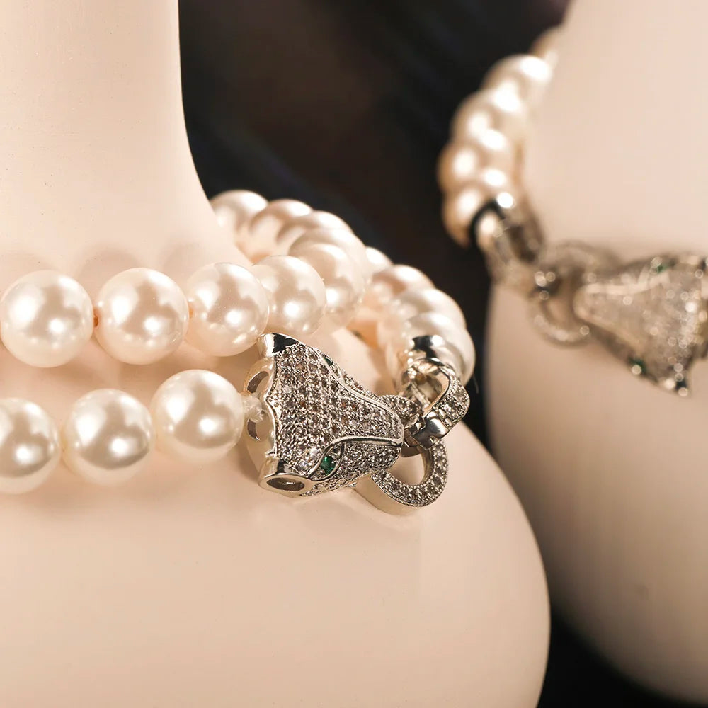 Zircon Pearl Necklace Bracelet Set 925 Sterling Silver Women