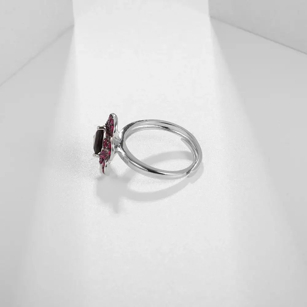 GEM'S BALLET Garnet Flower Ring Sterling Silver For Women