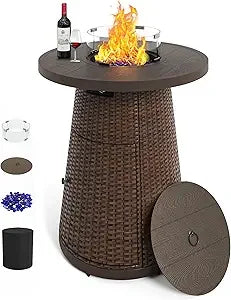 PIZZELLO Propane Fire Pit Table Outdoor Wicker Round