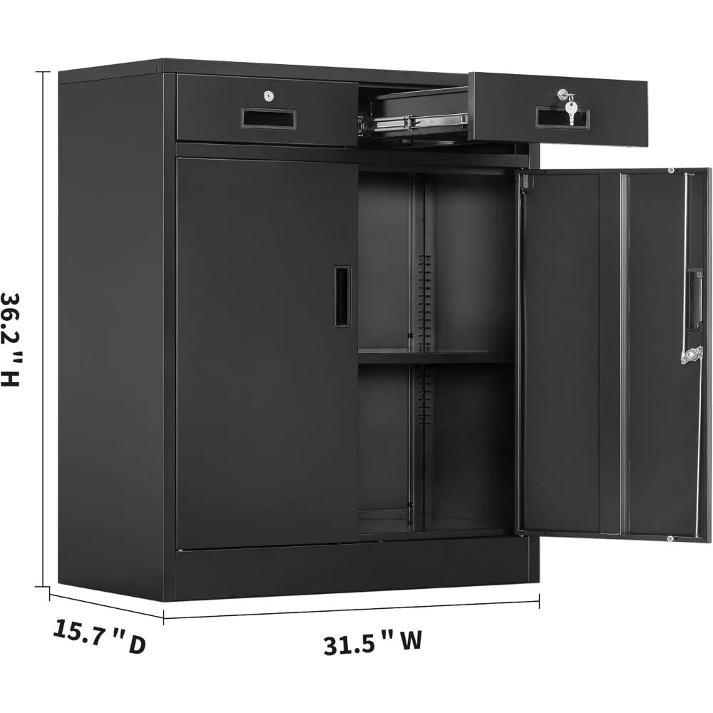 Color Locking Storage Cabinet With 2 Drawers And Shelf